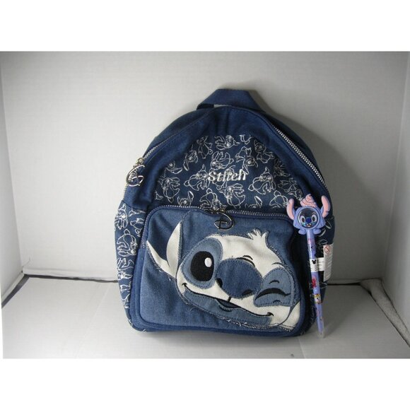 Disney Stitch Denim Backpack With Pen & Adjustable Straps - Picture 1 of 2